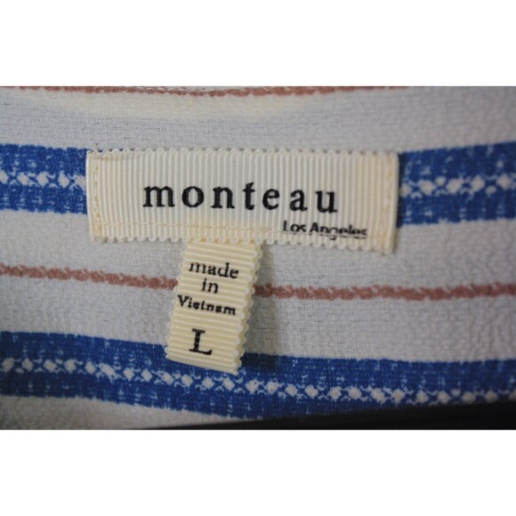 Monteau Los Angeles Top Womens Size Large Cream Blue Striped Faux Wrap Blouse - Picture 3 of 7